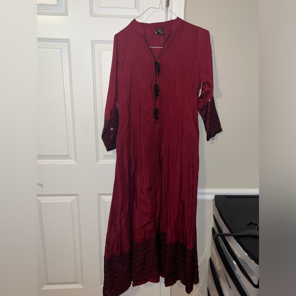 Long modest red dress embroidery